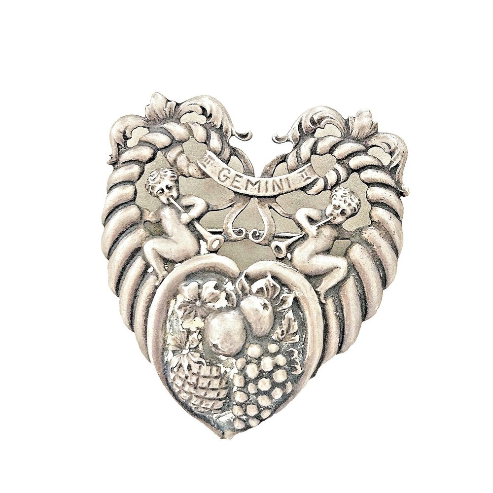 Vintage Sterling Silver Gemini Heart Brooch Cherubs Signed by Guglielmo Cini